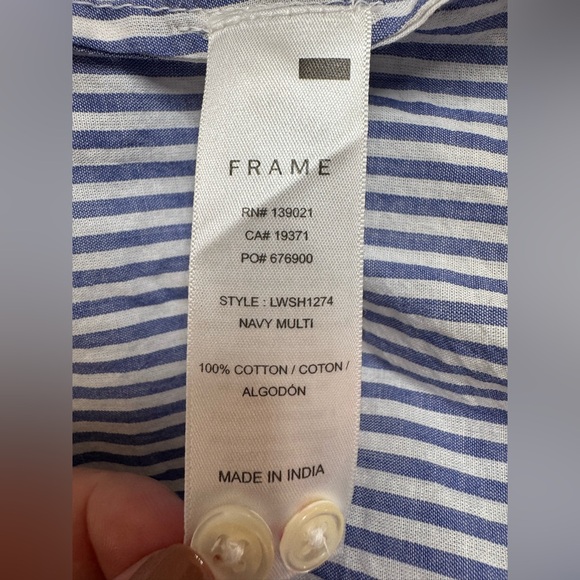 Frame Denim Pleated Clean Collar Blouse Navy Multi Blue White Stripe size Large - Picture 12 of 16